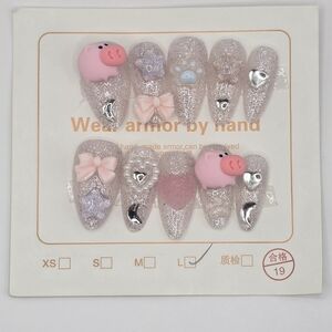 Long Press-on Nails Glitter Pink Nail Art Set with Cute Charms - L6